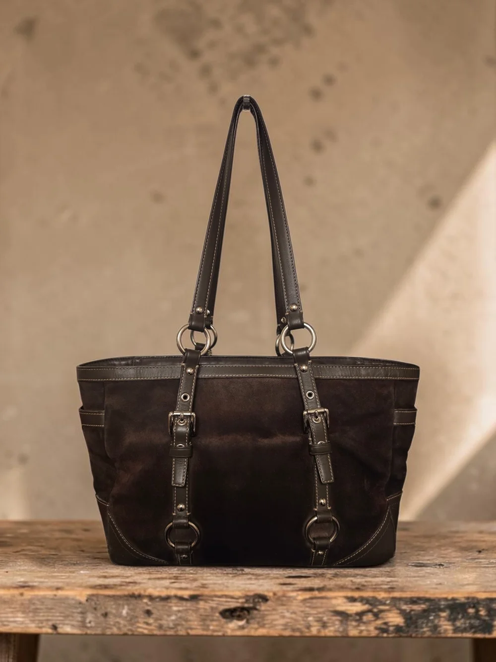 Coach Classic Dark Brown Suede Tote Bag with Metal Ring Accents